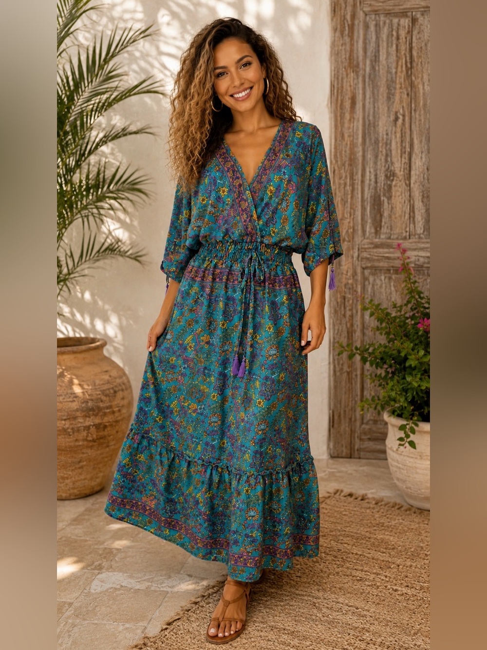 Bohemian Teal Floral Wrap Maxi Dress with Drawstring Waist